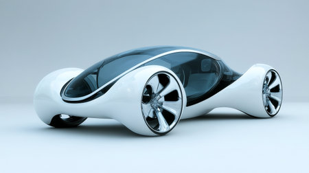 3D rendering of a concept car in white studio with blue background
