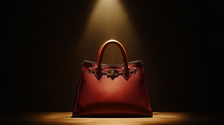 Luxury red leather handbag on a dark background with spotlightの写真素材