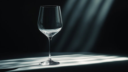 empty wine glass on a black background with rays of light from the windowの写真素材