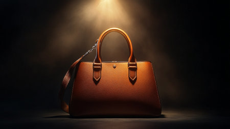 Luxury leather handbag on dark background with light beam.の写真素材