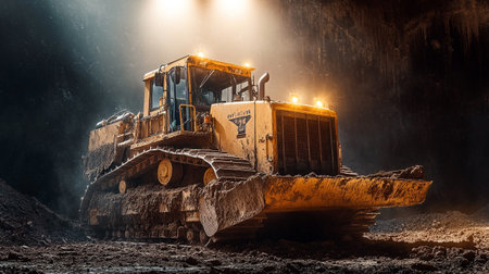 Heavy bulldozer working on a construction site at night. Heavy construction equipment.の写真素材