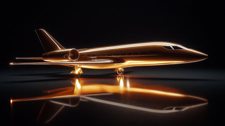3d rendering of a modern airplane on a black background with reflectionの写真素材