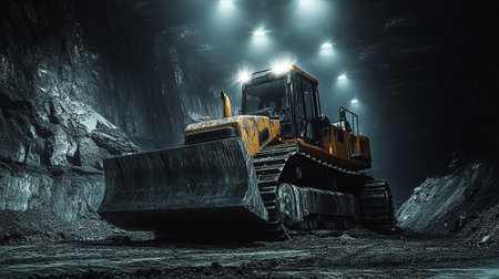 Heavy bulldozer in the mine at night. 3D rendering.の写真素材