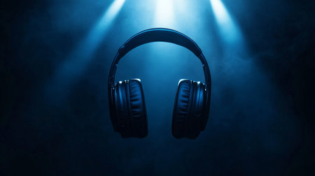 Headphones on a dark blue background with rays of light and smokeの写真素材