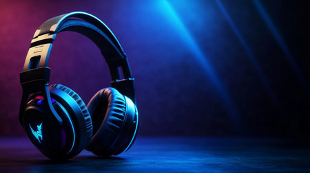 Headphones with blue light and smoke on dark background. Music conceptの写真素材