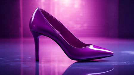 High heel women shoes on purple stage background. 3d rendering.の写真素材