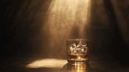 Glass of whiskey with ice cubes on a dark background with a beam of light