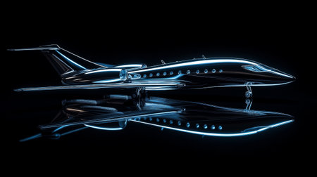3d rendering of a jet plane isolated on black background with reflectionの写真素材