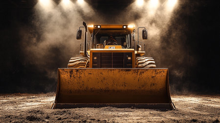 Bulldozer on the road. Heavy construction equipment. Industrial background