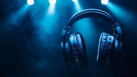 Black headphones on a dark background. Headphones close-up.