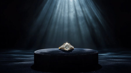 Luxury diamond ring on podium in dark room with spotlight and smokeの写真素材