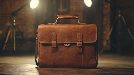 Brown leather briefcase on a wooden table in a loft interior.の写真素材