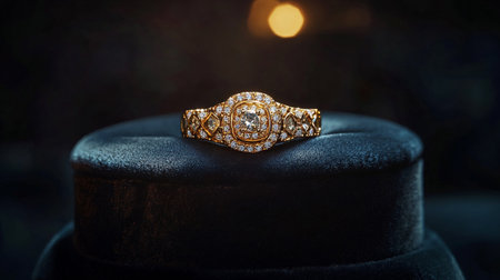 jewelry diamond ring on black background with bokeh effect