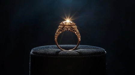 Gold ring on a black background with a beam of light and smokeの写真素材