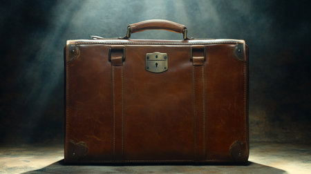 Old brown leather suitcase on a grunge background with rays of lightの写真素材