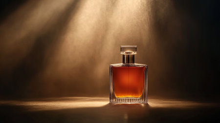 Perfume bottle on dark background with spotlight and copy space.の写真素材