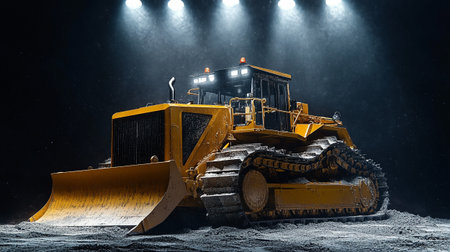 Bulldozer in the snow at night. 3D rendering.