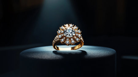 Jewelry diamond ring on black background. Jewelry background.