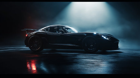 Sport car in the dark with fog. 3D Rendering.の写真素材
