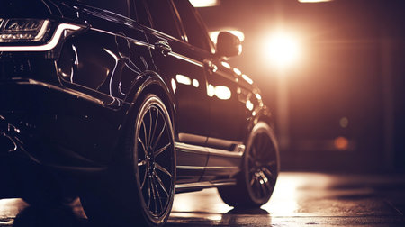 Close-up of a modern black car parked on the street at night