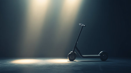 Electric scooter in dark room with spotlights. 3D Rendering