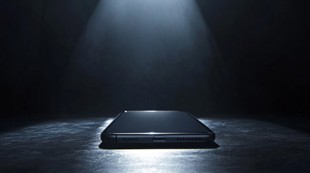 Smartphone on the floor illuminated by a spotlight. 3d renderingの写真素材