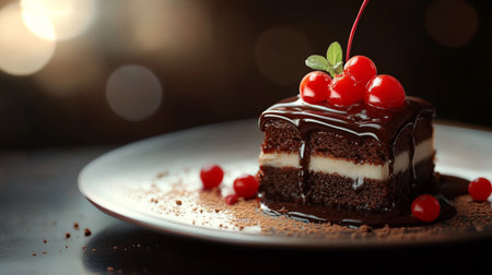 Chocolate cake with cherry on dark background, closeup. Delicious dessertの写真素材