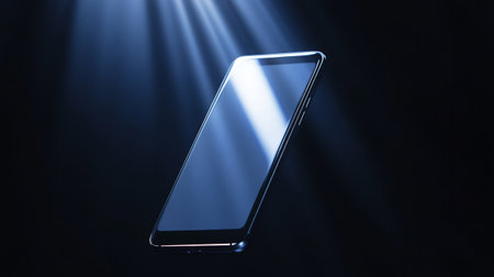 Smartphone with blue light on black background. 3D rendering.