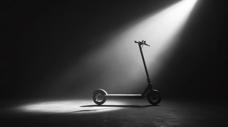 Electric scooter in dark room with light and shadow. 3d renderingの写真素材