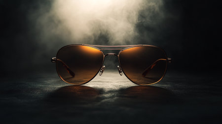 Sunglasses with brown glass on dark toned foggy background. Selective focusの写真素材