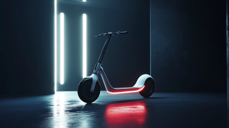 Electric scooter in dark room with neon light. 3D Renderingの写真素材