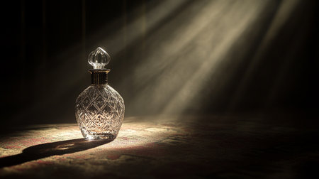 Perfume bottle on a dark background with a beam of lightの写真素材