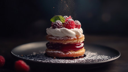 Pancakes with raspberries and mint on a black plateの写真素材