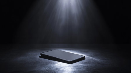 Smartphone with blank screen on dark background with beam of light.