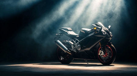 Modern powerful super sports motorcycle in dark room with lights and smoke.の写真素材