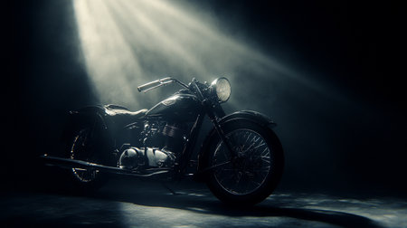 Motorcycle in the smoke on a dark background with rays of lightの写真素材