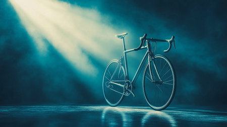 Bicycle in a dark foggy room. 3D rendering.の写真素材