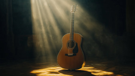 Acoustic guitar in a dark room with rays of light and smokeの写真素材