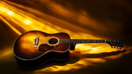 Acoustic guitar on a yellow background with rays of light