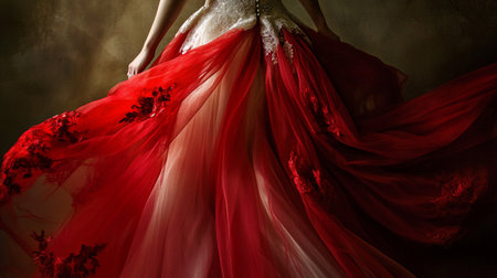 Beautiful bride in a red wedding dress with lace on a dark backgroundの写真素材