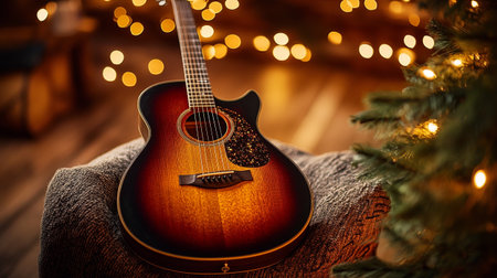Guitar on the background of a Christmas tree and garland.の写真素材