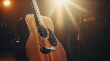 Acoustic guitar in the dark with a beautiful bokeh.の写真素材