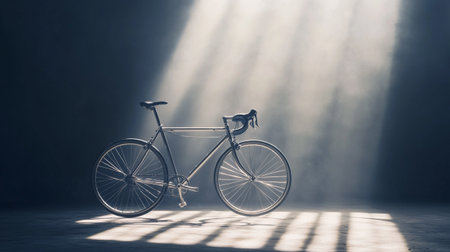 Bicycle on a dark background with rays of light and shadow.の写真素材