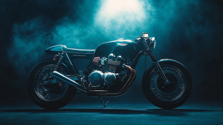 Classic custom motorcycle in smoke on dark background. Selective focus.の写真素材