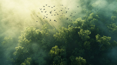 Aerial view of foggy forest with birds flying in the airの写真素材