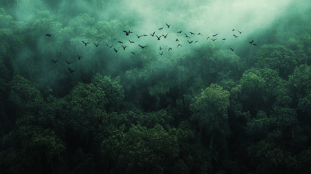 A flock of birds flying in the fog in the forest. Nature backgroundの写真素材