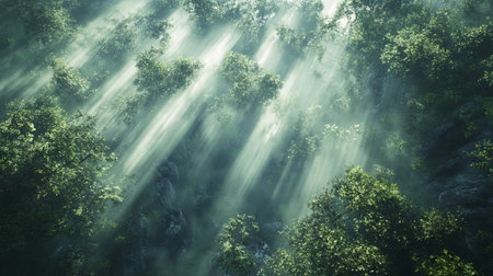 Foggy morning in the forest with sunbeams and lens flareの写真素材