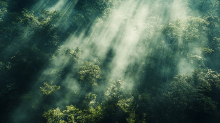 Beautiful foggy forest with sun rays in the morning. Natural background