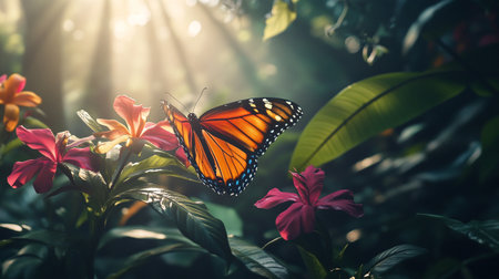 Butterfly on a flower with sunlight in the morning,soft focus.の写真素材