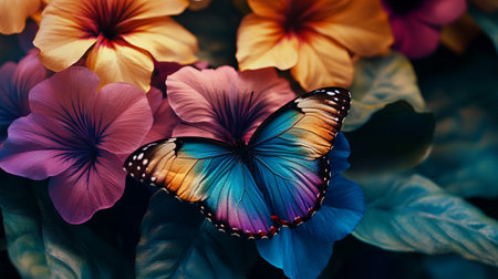 Butterfly and flowers in the garden. Colorful background.